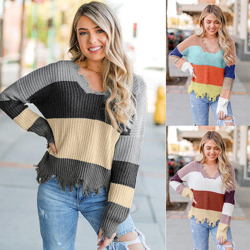 Title 5, Cotton Sweater Colorblock V-neck Long-sleeved A...