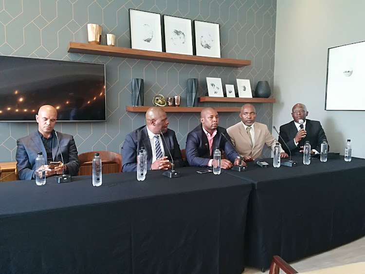 The National Football Consultative Forum (NFCF) members (From L-T(: Ace Ncobo, Mandla "Shoes" Mazibuko, Thabo Masombuka, Mwelo Nonkonyana and Putco Mafani during a press conference on Thursday 1 February 2018 in Johannesburg. NFCF is calling for regime change at the SA Football Association ahead of the March 24 elections.