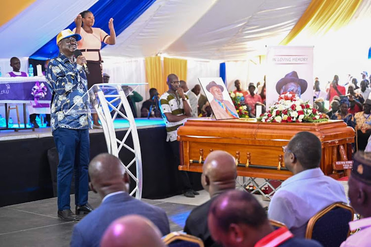 ODM Leader Raila Odinga during the burial of Mzee Nyangaga Akoth in Seme Kisumu on Saturday, October 29, 2022.