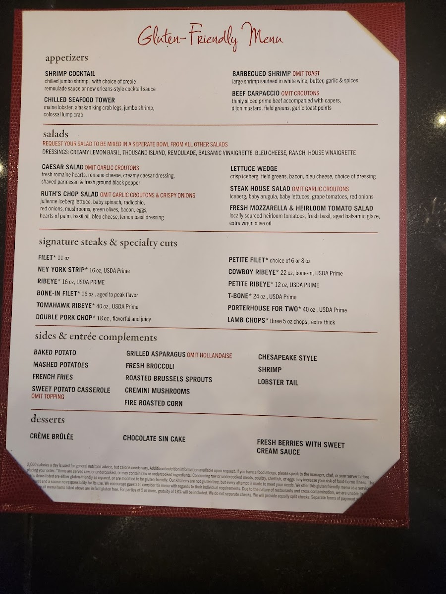 Ruth's Chris Steak House gluten-free menu