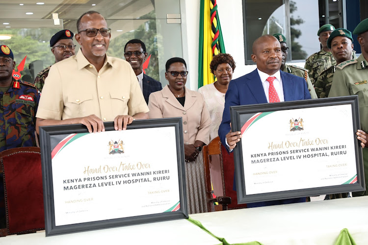 Defence CS Aden Duale hands over Kenya Prisons Service Wanini Kireri Magezera Level IV Hospital to Interior and National Administration CS Prof Kithure Kindiki on may 17, 2024.