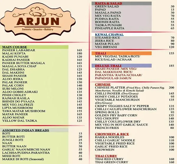 Arjun Sweets menu 