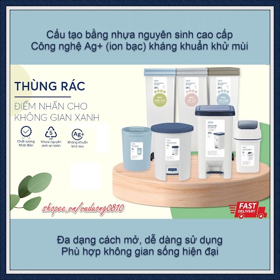 Thùng Rác Đạp Chữ Nhật Cao Cấp Inochi (Có Lõi) Ion Ag+ Kháng Khuẩn Khử Mùi [Hoả Tốc Hcm]