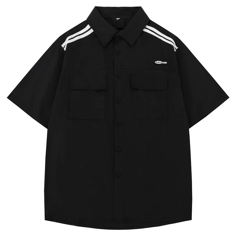 Camicia da lavoro giapponese a righe verde militare maniche corte, semplice e stilosa, ideale per lavoro e tempo libero, confortevole.