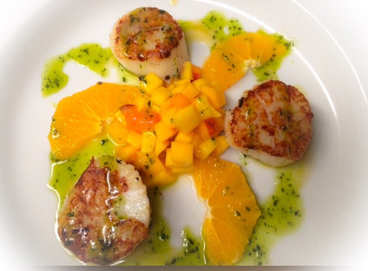 Seared diver scallops with fresh mango and peaches.