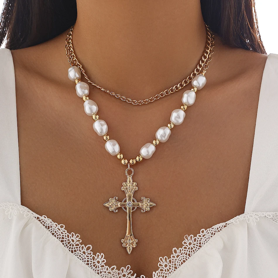 Modisches Kreuz-Perlen-Halsketten-Set. Stilvolles Schmuckset für Damen. Perfekt für besondere Anlässe oder den täglichen Gebrauch.
