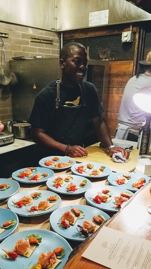 Langbaan Chefs Who Inspire Dinner with Edouardo Jordan of Salare and Junebaby, a collaboration with Chef Earl Ninsom of Langbaan to benefit Farestart. This is one of three snacks, Smoked salmon rillette, pimento cheese, country ham, saltine cracker (you can get a variation of this at Junebaby)