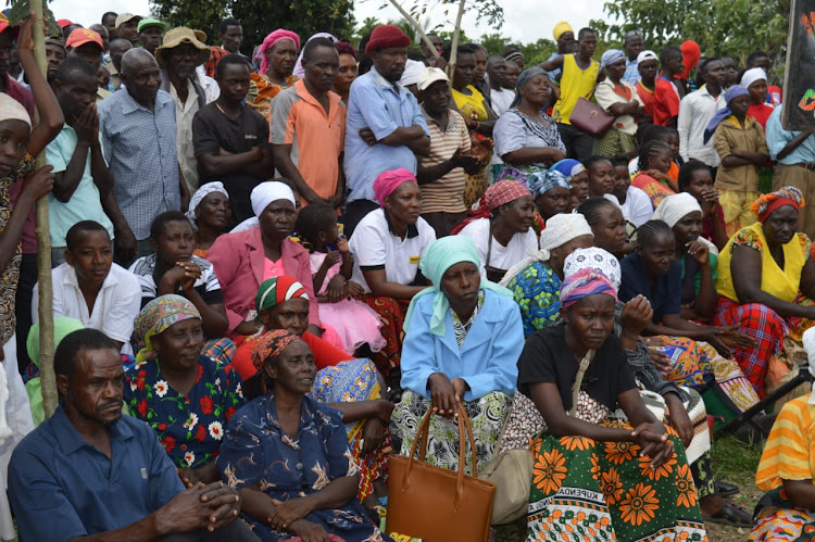 Residents of Mikinduni village during a criris meeting on Monday.