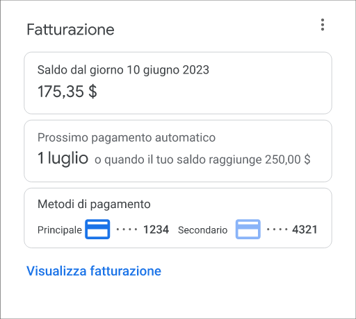 Illustrazione della scheda Panoramica della fatturazione per i clienti con pagamenti automatici nell'app mobile Google Ads.