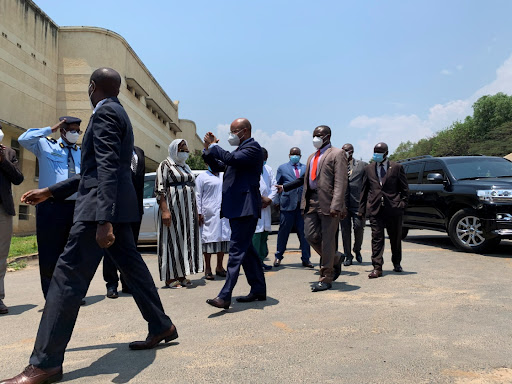 Burundi Prime Minister Alain-Guillaume Bunyoni arrives at the Prince Regent Charles Hospital to visit attack survivors in Bujumbura, Burundi, on September 21 2021.