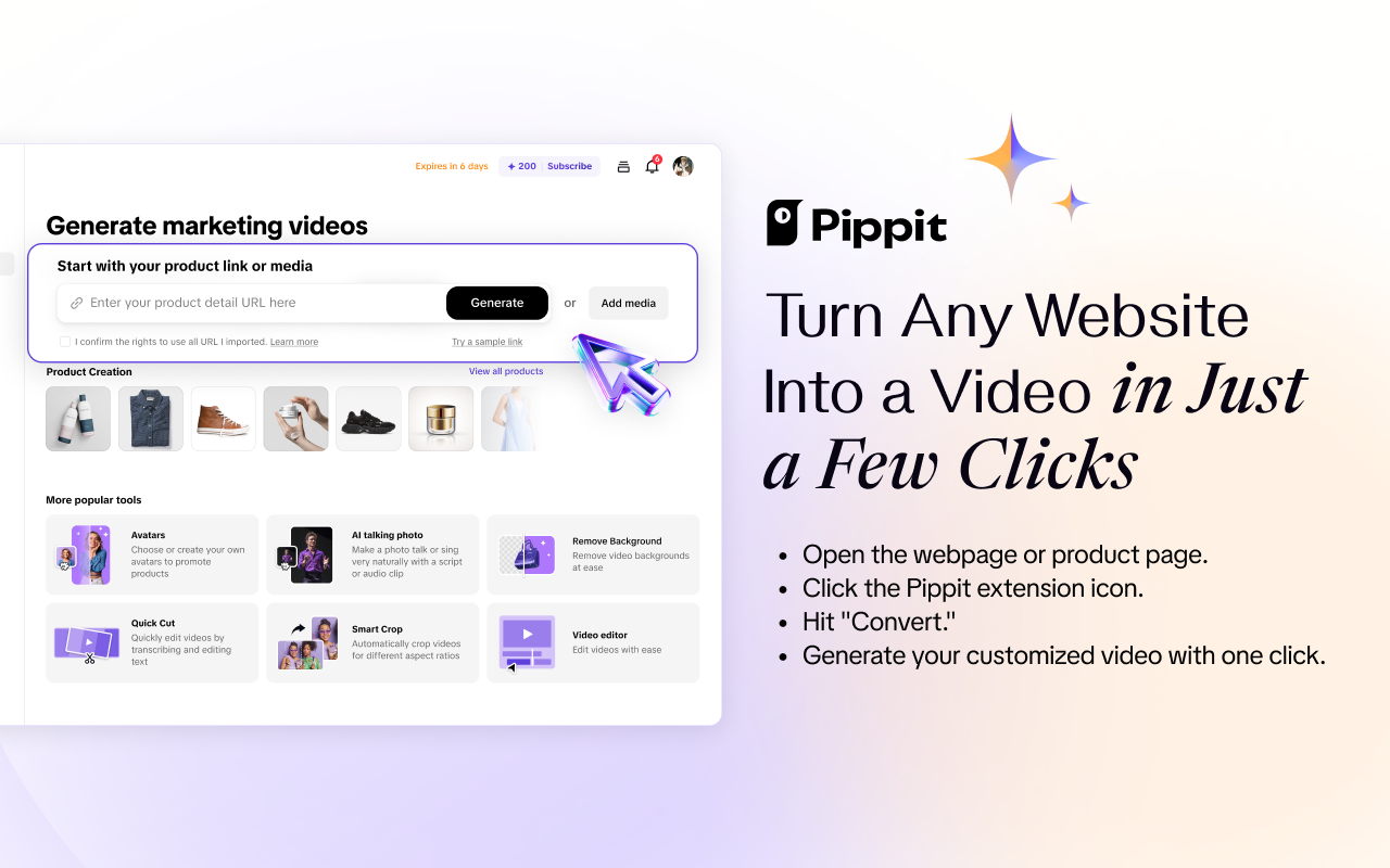 Pippit AI: Convert Any Link to Videos - Free AI Video Generator Chrome Extension Image 2