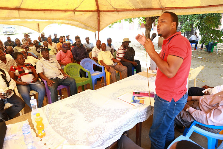 Saido Foundation patron Said 'Saido' Abdalla addresses seafarers on Saturday in Tononoka Social Hall