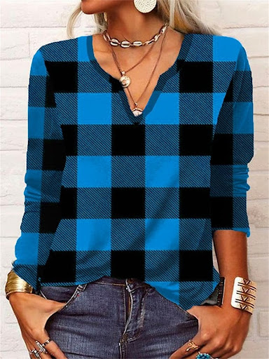Title 1, Plaid & Printed Top V-neck Loose Long Sleeve Sh...