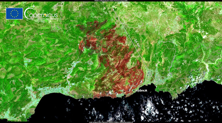 A satellite image shows the burn scar of the fires, Turkey August 1, 2021. The false-colour satellite image uses infrared bands, which allow better identification of the burn scar.