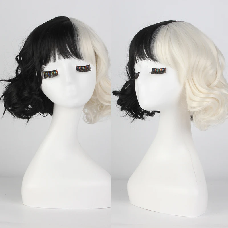 Peluca Cruella de Vil Cosplay Anime Cabello Corto Rizado Blanco y Negro Disfraz Ideal para Fiestas Temáticas y Eventos