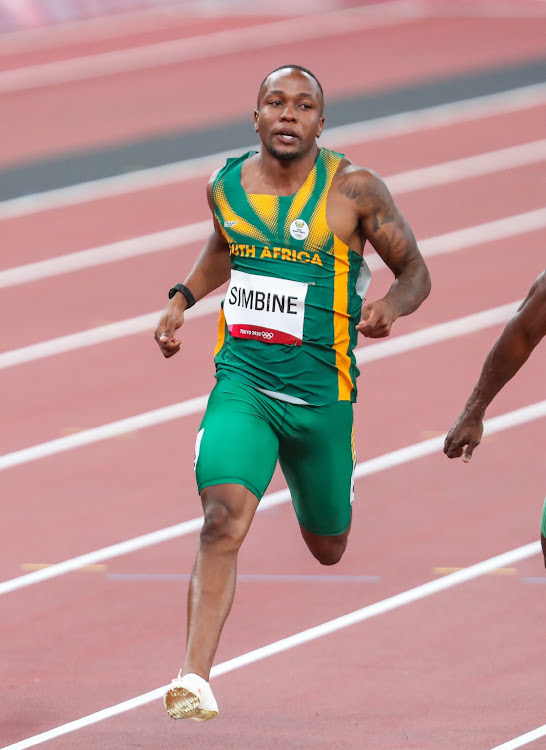 Akani Simbine of South Africa in the heats of the mens 100m in 2021 at the Olympic Stadium in Tokyo, Japan.