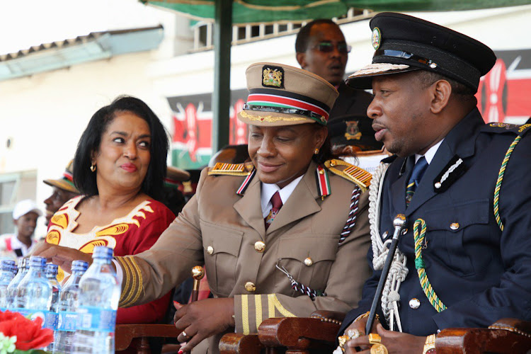 Nairobi Woman Rep Esther Passaris, County Commissioner Flora Mworoa and Governor Mike Sonko at Madaraka Day celebrations in Nairobi on June 1, 2019.