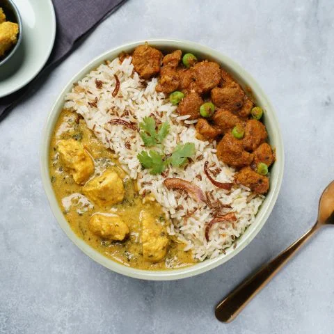 Lasooni Methi Chicken, Soya Masala Sabzi & Jeera Pulao