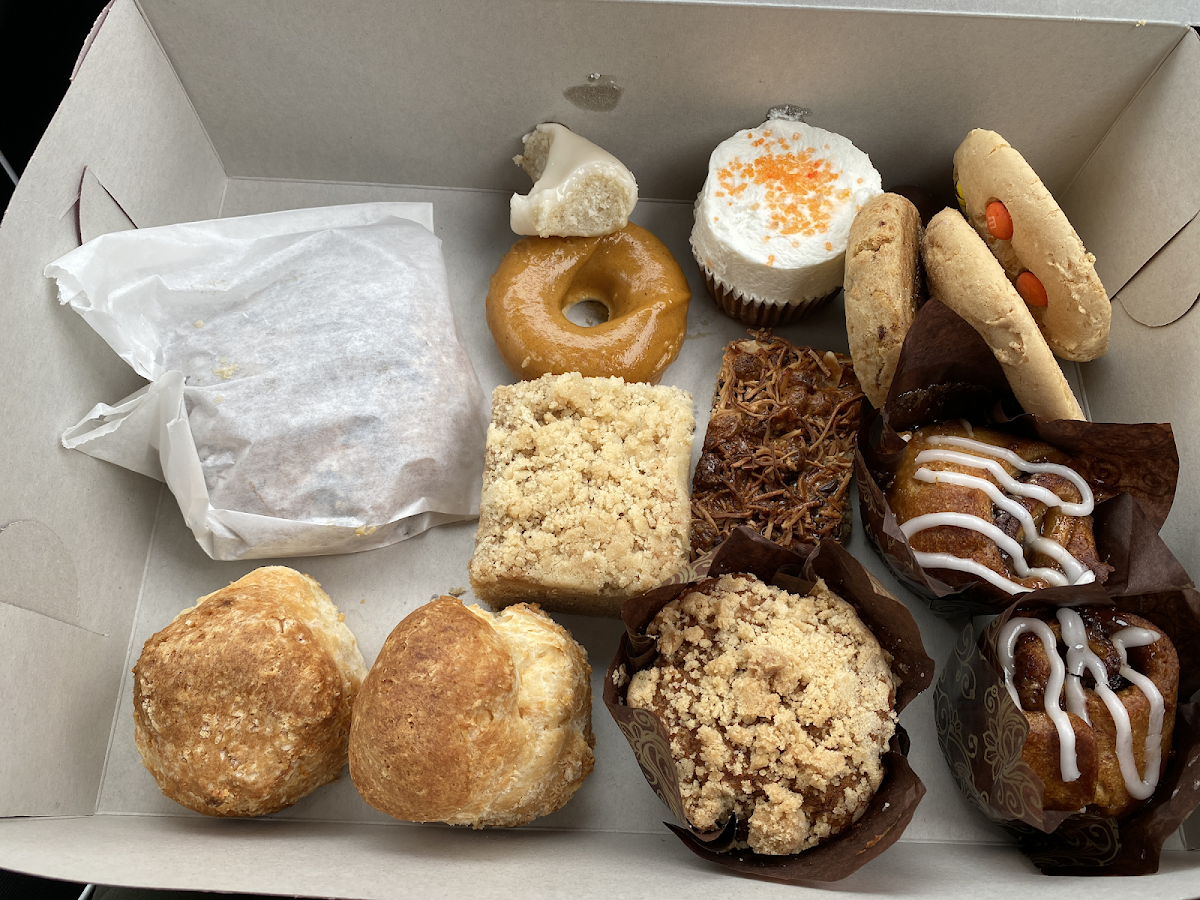 Treated myself for my birthday..coffee cake, biscuits, cinnamon rolls, cookies, half of a donut haha, and carrot cake, and banana muffin!!