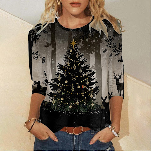 Title 2, Womens Christmas Element Creative Print Long S...