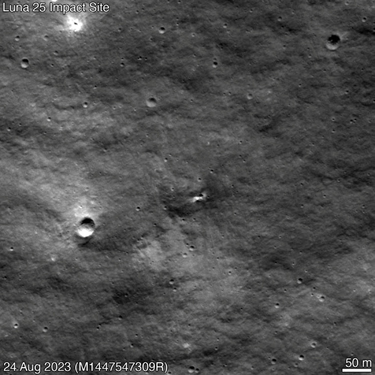 A NASA Lunar Reconnaissance Orbiter image from August 24 2023 shows a crater on the surface of the moon, likely the impact site of Russia's Luna-25 mission, in this screengrab obtained from a GIF image released on August 31 2023.