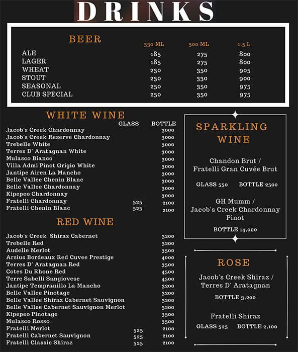 The Biere Club menu 