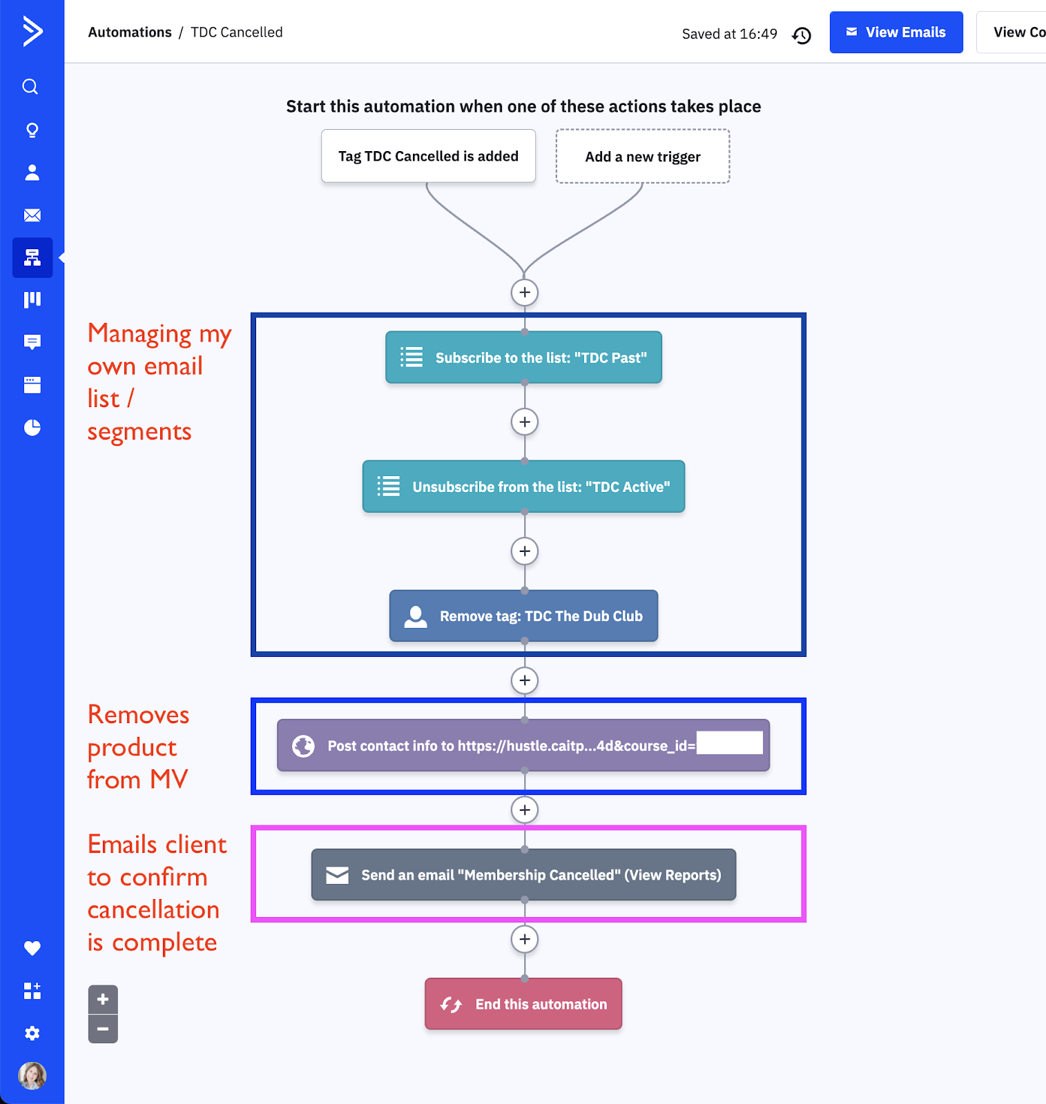 ActiveCampaign automation to remove cancelled customer from product in MemberVault