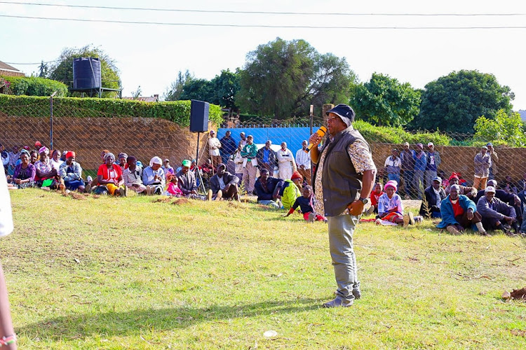 Lari MP Mburu Kahangara speaking to residents at Gituamba chief's office on Saturday.