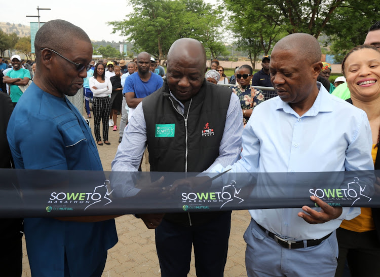 Siyanda Mnukwa,Director ,City of Johannesburg,Sello Khunou, Chairman Soweto Marathon and James Moloi, president of Central Gauteng Athletics during the opening of 2019 Soweto Marathon at FNB Stadium in Soweto.