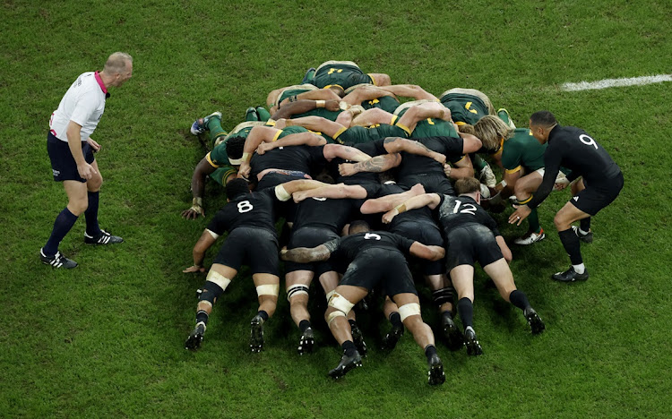 Springbok scrumhalf Faf de Klerk puts into a South Africa scrum in the 2023 Rugby World Cup final against the All Blacks at Stade de France in Saint-Denis, Paris on October 28 2023.