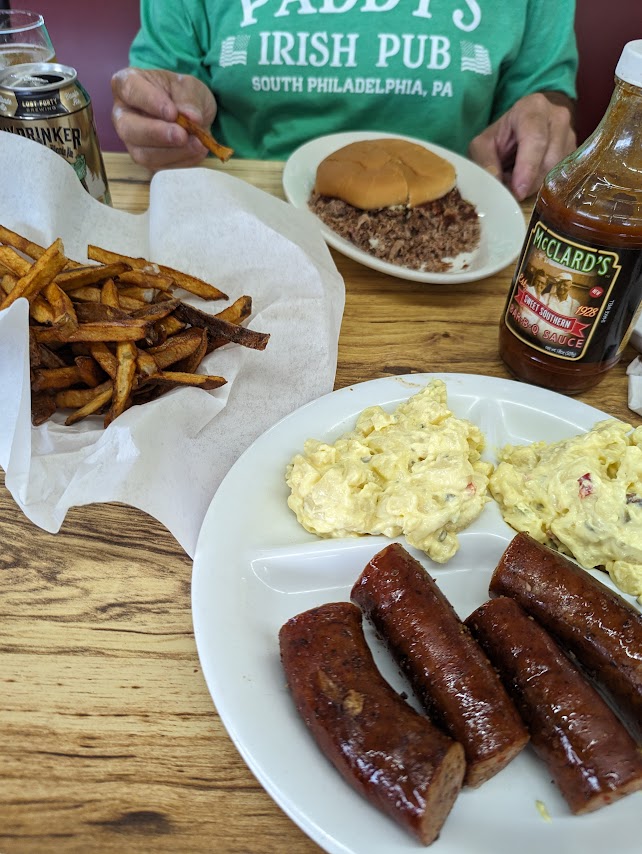 Sausage and potato salad for me. Husband had fries and a chopped pork sandwich.