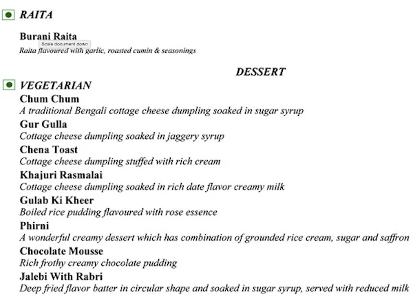 Lucknow - Kingdom of Dreams menu 