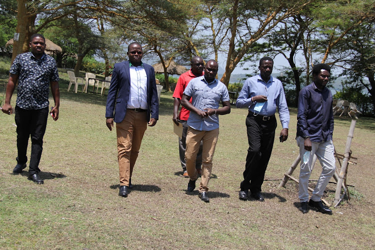 Some of the Homa Bay medics including KNUN executive secretary Omondi Nyonje, KUCO chairman Steve Obunga and KNUDN chairman Hillary Oracha during a press briefing in Homa Bay town on Thursday, February 17.