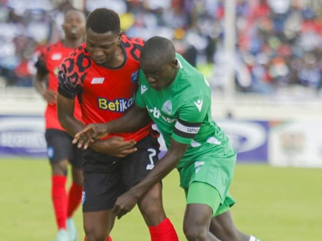 Gor Mahia FC skipper Geoffrey Ochieng (right) battles with Jaffry Owiti of AFC Leopards during their KPL match at Nyayo stadium on April 21, 2024.