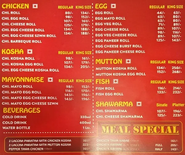 Kolkata Rolls menu 