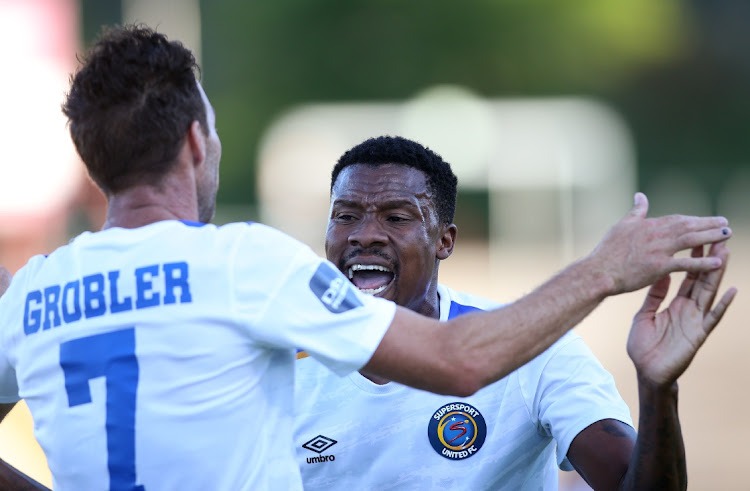 Thamsanqa Gabuza of Supersport United congratulates Bradley Grobler of Supersport United for scoring a goal during the DStv Premiership 2021/22 match between Stellenbosch FC and Supersport United.