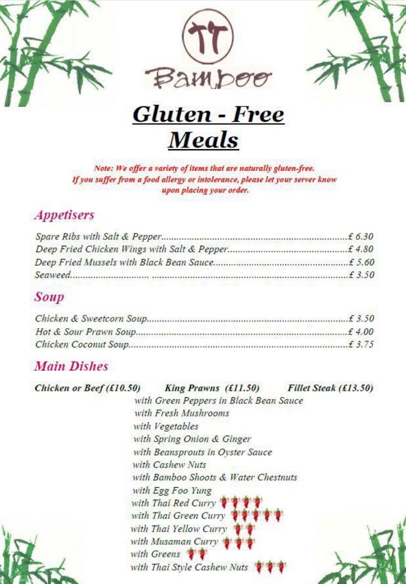 Bamboo Chinese & Thai Restaurant gluten-free menu