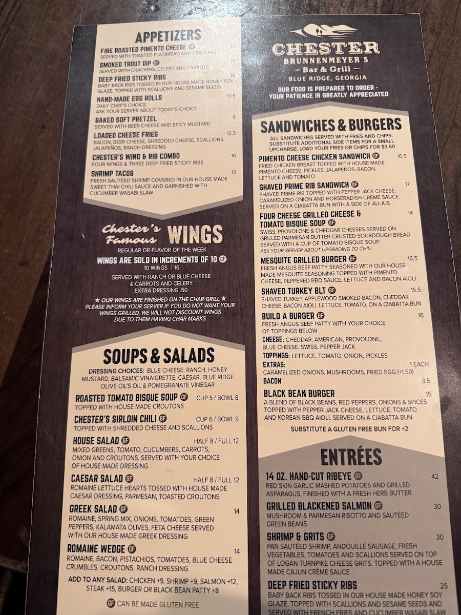 Chester Brunnenmeyer's Bar & Grill gluten-free menu