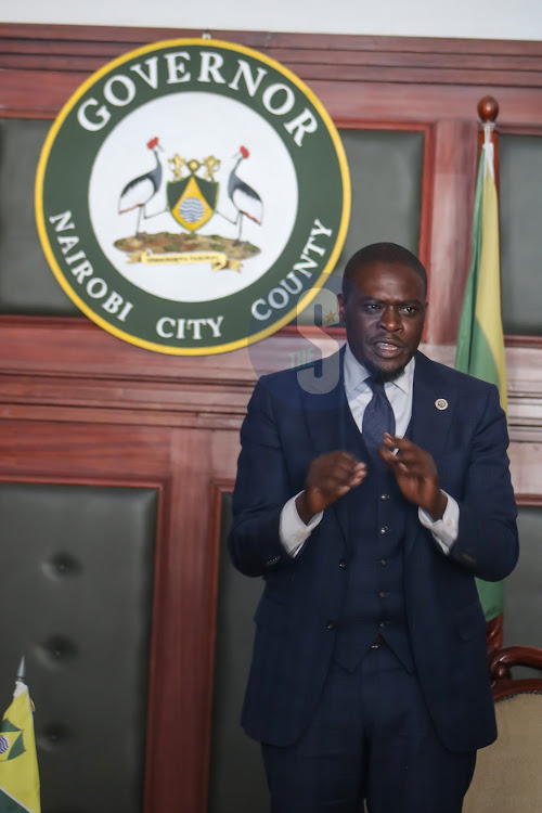 Nairobi County Governor Johnson Sakaja address the gathering during the swearing in of his cabinet at City Hall on December 8, 2022.