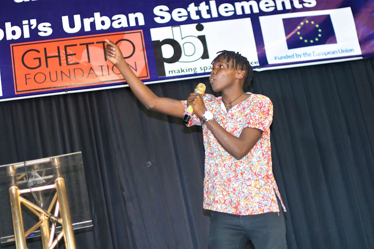 Mathare spoken word artist Anthem performs cry for justice poem during the celebration of world Social Justice day at St. Teresa Catholic church Eastleigh Nairobi