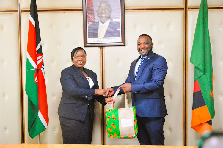 Kenya’s Tourism CS Peninah Malonza and her Zambian Counterpart Rodney Sikumba. Image: Handout