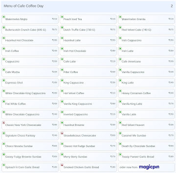 Cafe Coffee Day menu 