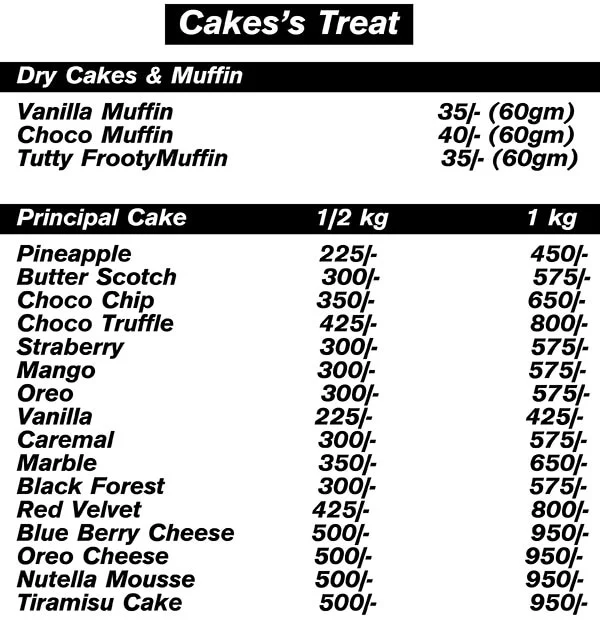 Cake's Treat menu 