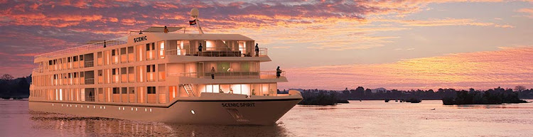 A look at Scenic Spirit at sunset. The new luxury river ship sails the Mekong River.