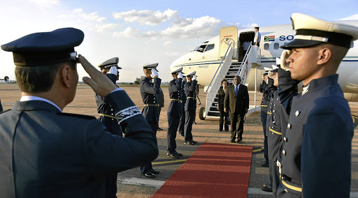 President Cyril Ramaphosa and First Lady Dr Tshepo Motsepe arrive in Brasilia, Brazil, for the 11th Brics Summit. / Kopano Tlape/ GCIS