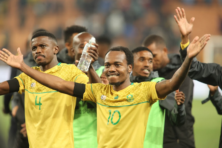 Bafana Bafana player Percy Tau celebrating their victory over Morocco at FNB Stadium in Johannesburg.