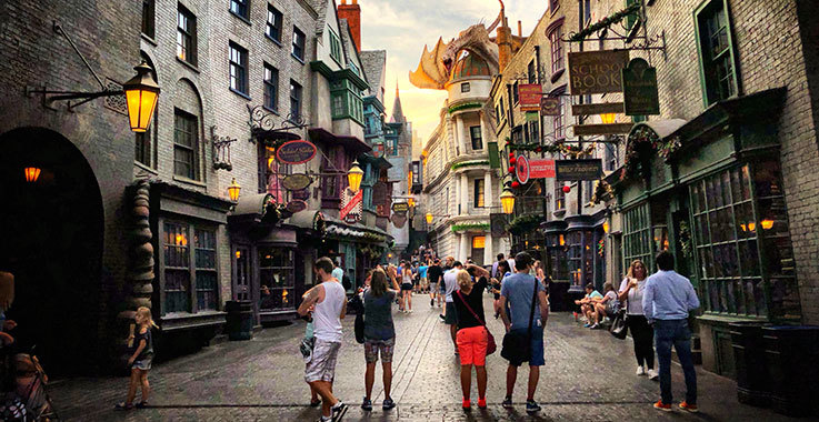 People walking in The Wizarding World of Harry Potter at Universal Orlando