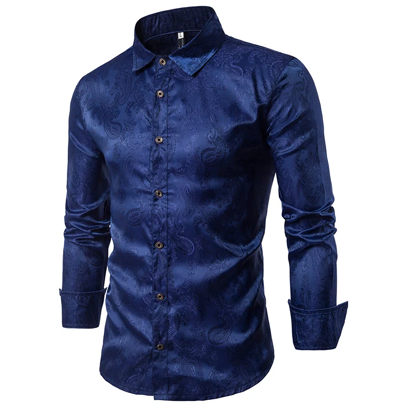 Camisa masculina de manga longa com decote quadrado e padrão bordado, perfeita para um visual elegante e moderno em qualquer ocasião.