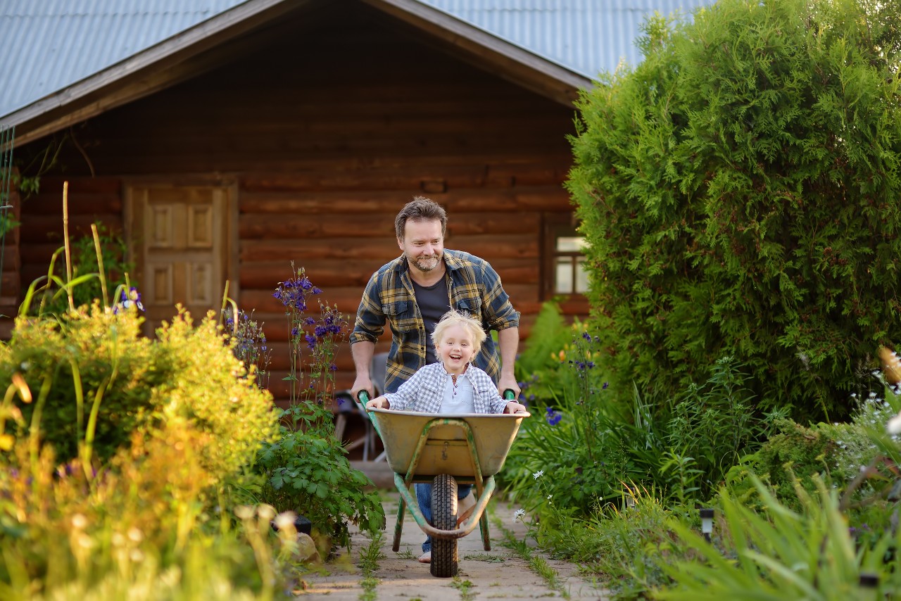 Active lifestyle: Father pushing son in a wheelbarrow