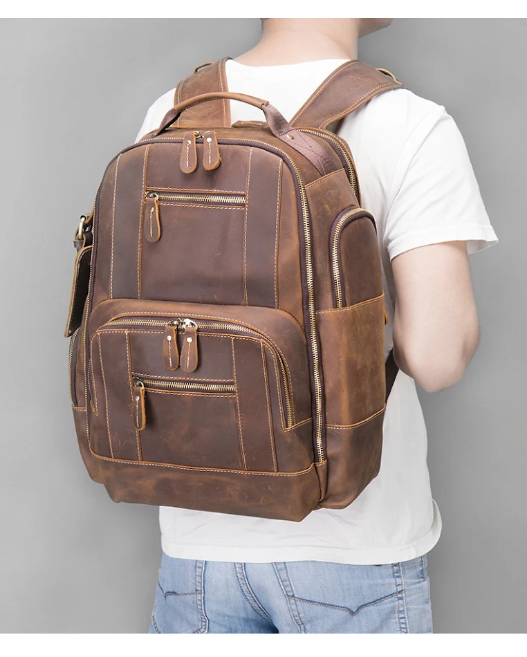 Mochila Retrô Europeia e Americana de Couro Crazy Horse para Exterior Resistente e Elegante Perfeita para Aventura e Uso Diário